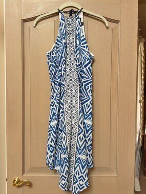Mossimo Blue White Halter Dress S | Geometric Print Sleeveless Midi